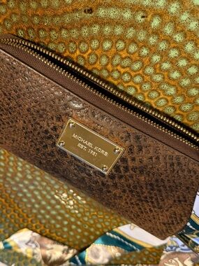 Michael Kors Snake Embossed Brown Leather Zip Around Wallet Gold Hardware
